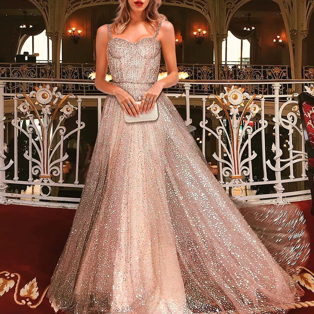 ZARA Sexy Spaghetti Strap Mesh Gold Sequin Wedding Dress